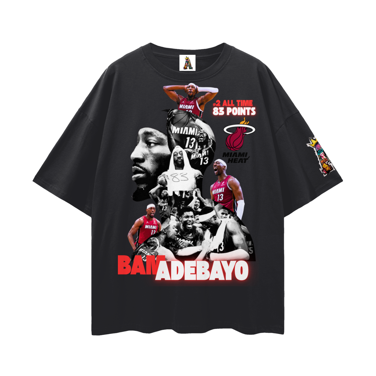 Black t-shirt with graphic design featuring a basketball player and text on a white background