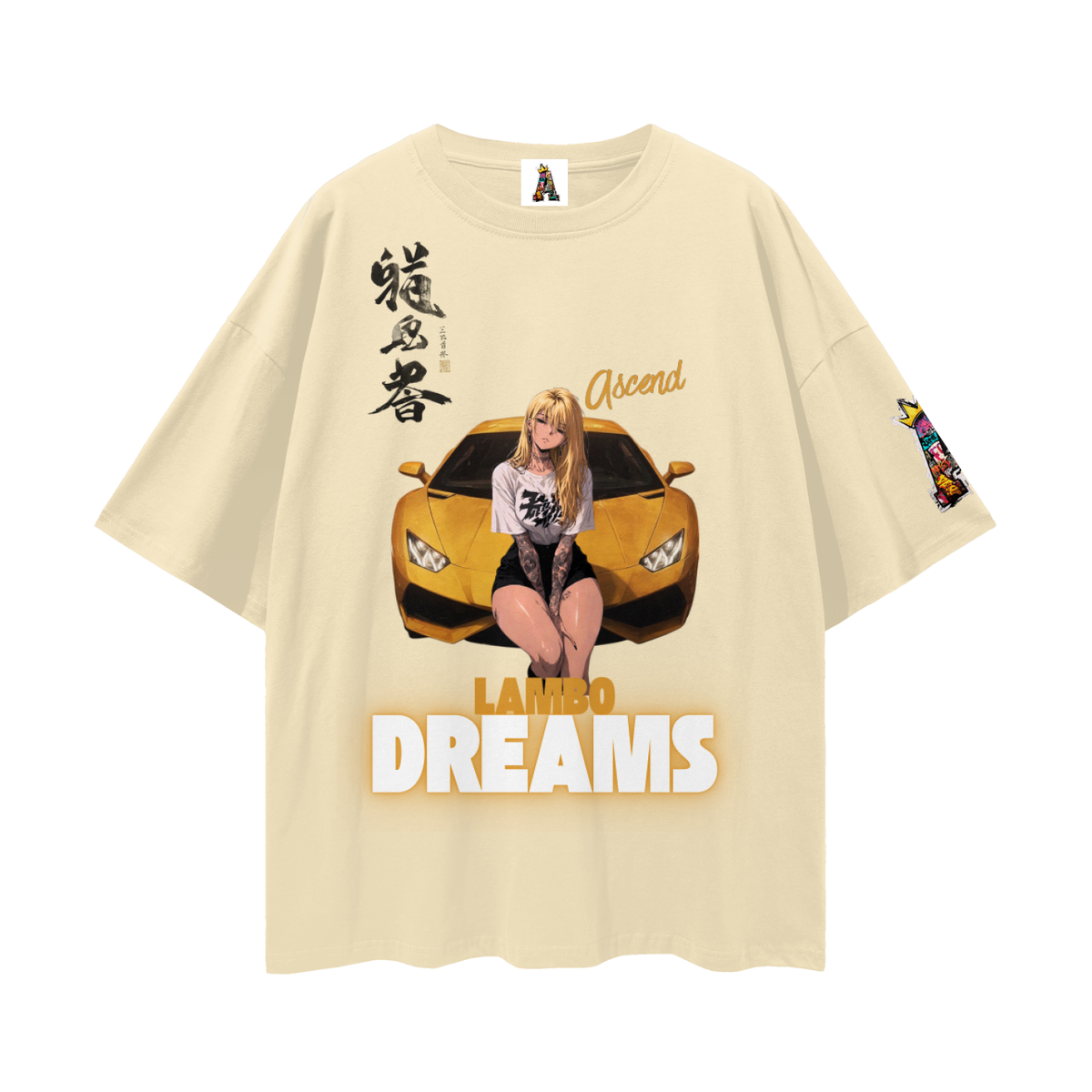 Beige t-shirt with a graphic of a woman in front of a yellow car and 'Lamborghini Dreams' text on a white background.