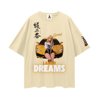 Beige t-shirt with a graphic of a woman in front of a yellow car and 'Lamborghini Dreams' text on a white background.